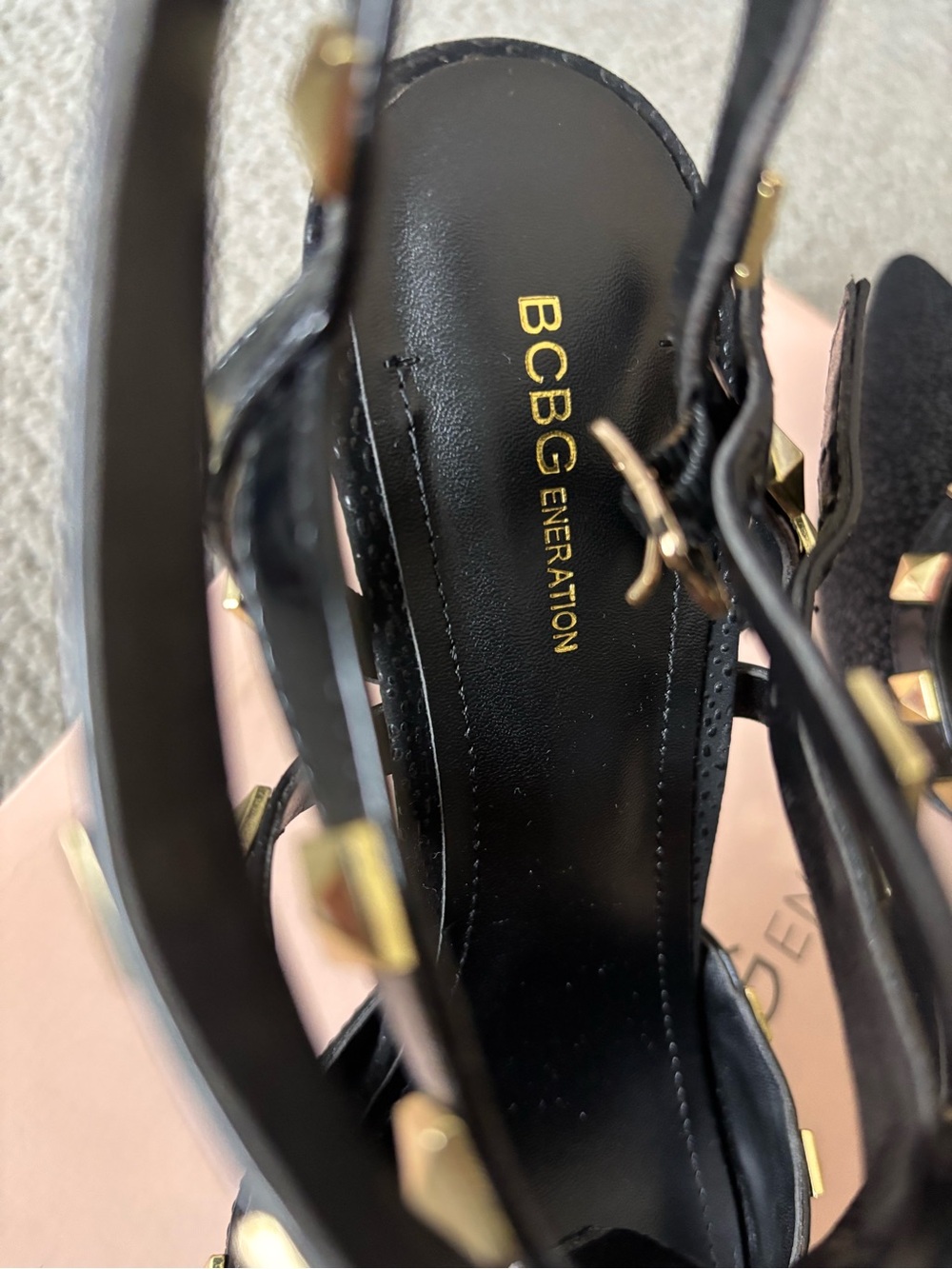 BCBGeneration Black Pointed T-Strap Heels with Gold Pyramid Studs - Picture 4 of 6